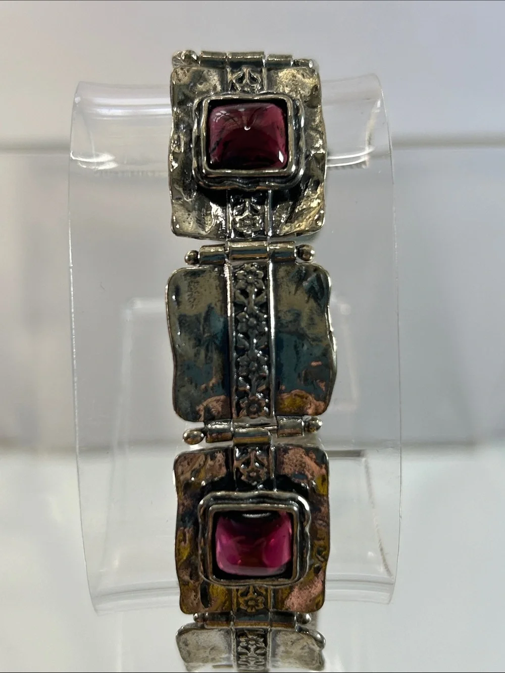 NWT Passage To Israel Hammered Panel Link Genuine Garnet Gemstone Bracelet